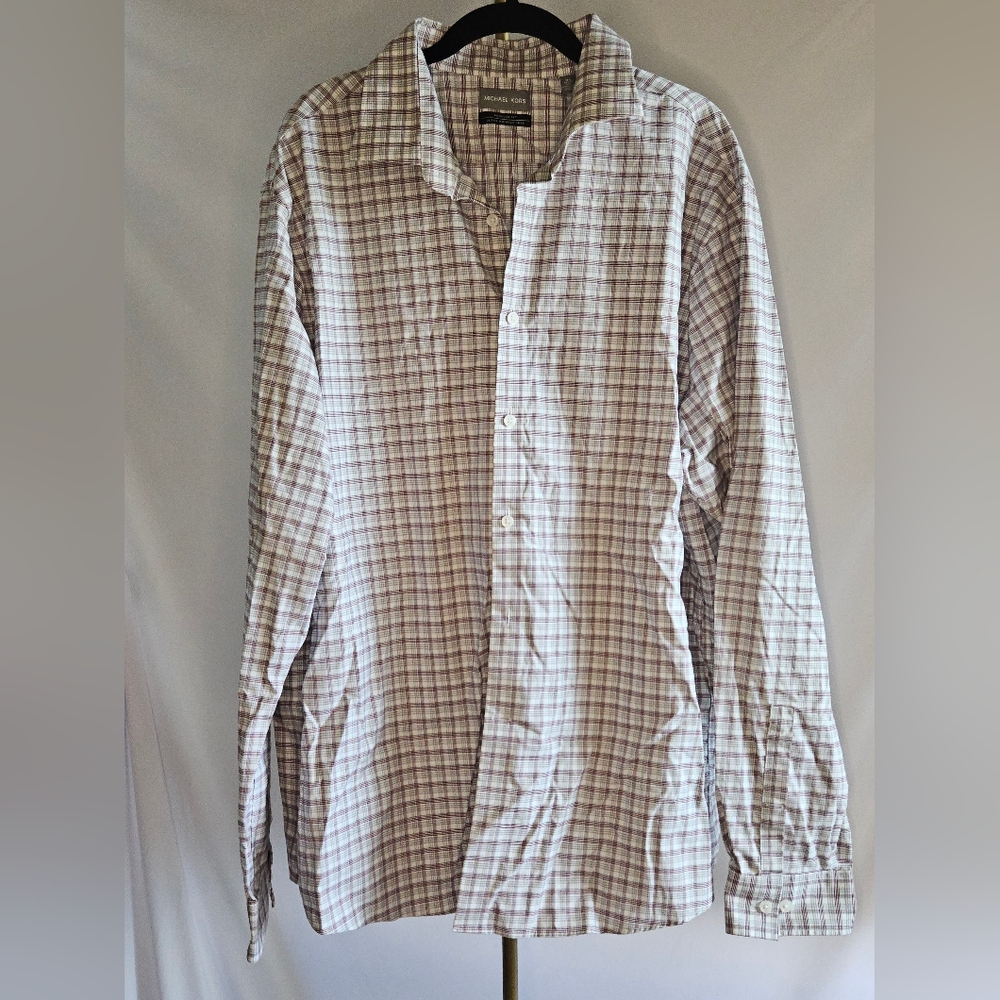 Michael Kors Men’s Beige Checkered Button-Down Shirt